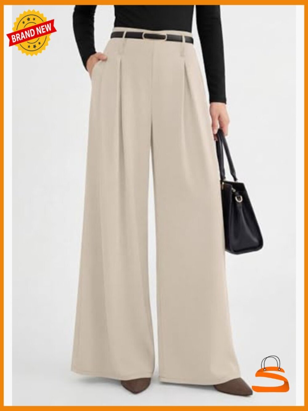 High Waisted Wide Leg Palazzo Pants Pleated Slacks Business Casual Flowy - Picture 2 of 7
